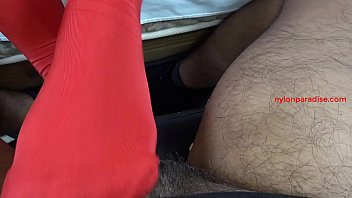 Play Sandy Luna red opaque stockings footjob and cumshot on feet soles