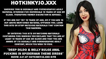 Play Deep dildo and belly bulge anal fucking in spiderman theme dress Hotkinkyjo
